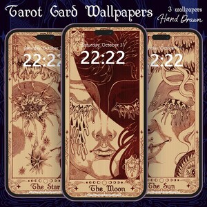 Tarotkaart DIGITALE telefoonbehangset, retro vintage middeleeuwse stijl, houtsnede geïnspireerd op houtgestookt, fantasie, hekserij