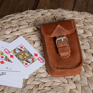 Personalized playing card holder, Leather playing card case, Leather playing card pouch, Playing card storage case, Travel playing card case image 1