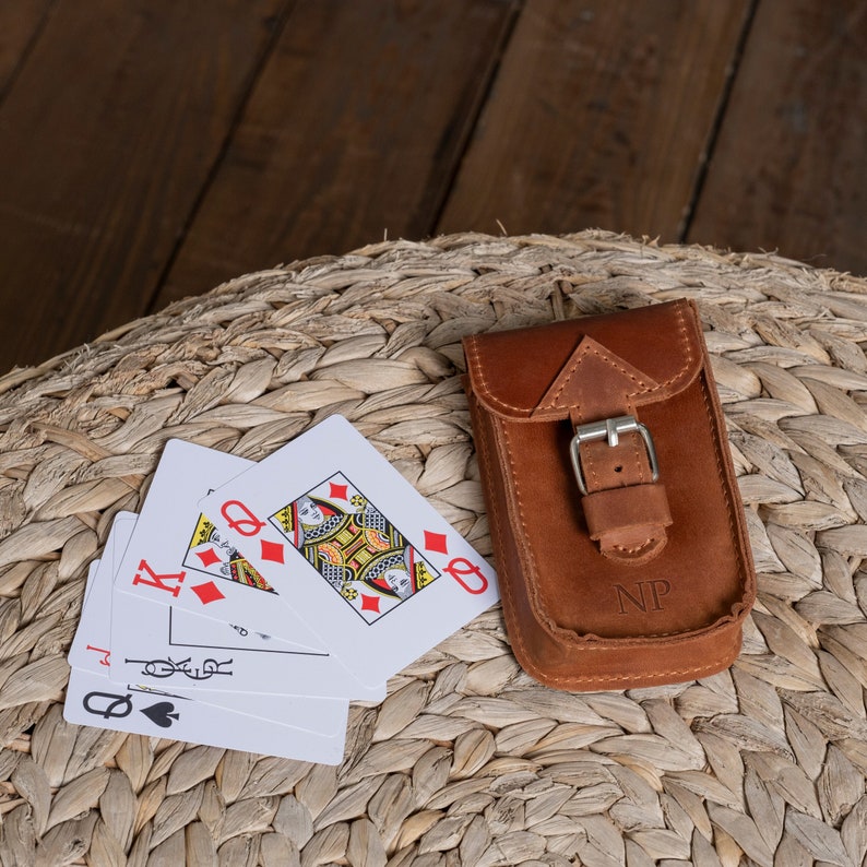 Personalized playing card holder, Leather playing card case, Leather playing card pouch, Playing card storage case, Travel playing card case image 1