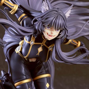 May include: A detailed figurine of a female character with long purple hair, wearing a black and gold outfit with a cat-like design. The character has purple eyes and a mischievous grin. The figurine is from the anime series "The Eminence in Shadow".