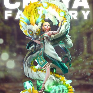 Pode incluir: Estatueta de fantasia detalhada com uma mulher em um vestido branco, adornada com elementos turquesa e dourados, interagindo com um grande dragão ornamentado. O dragão é principalmente branco com detalhes amarelos e turquesas. O texto "CHEYA FACTORY" é visível.