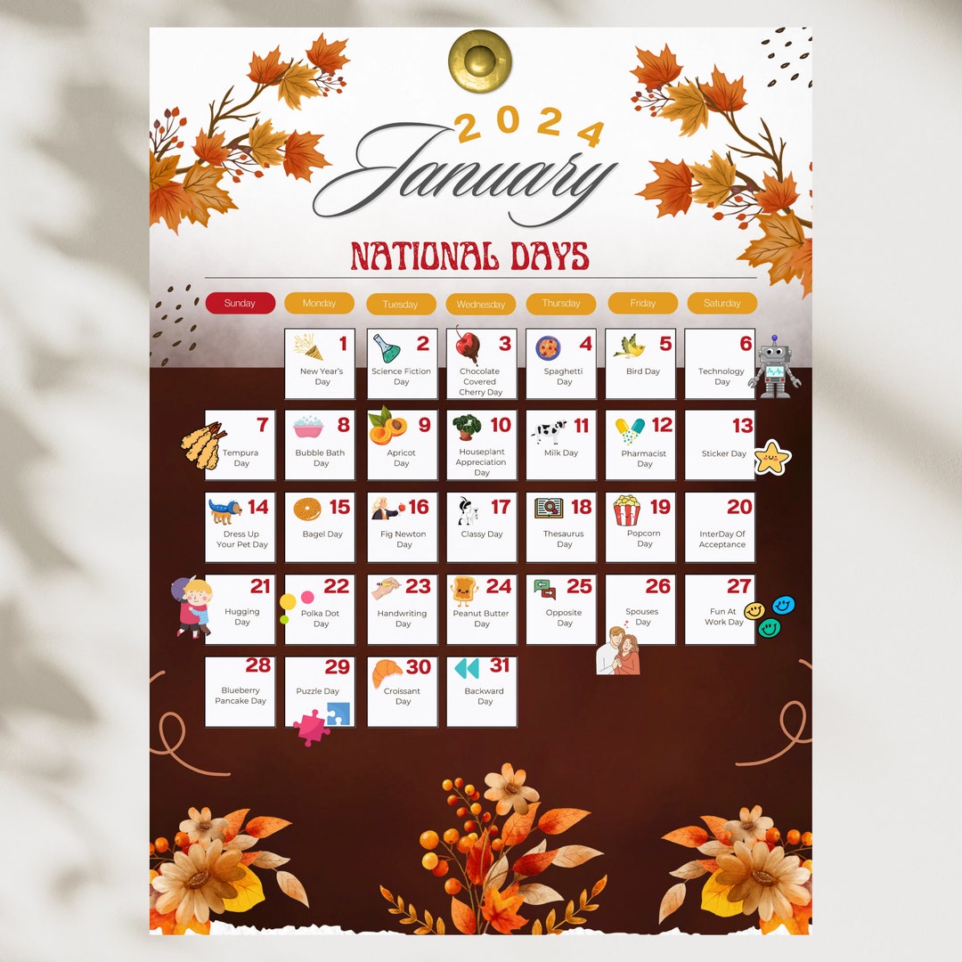 PRINTABLE January 2024 National Day Calendar January National Etsy