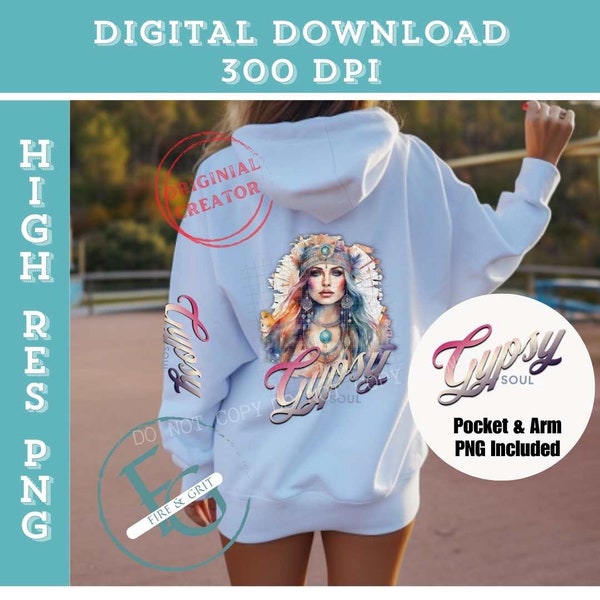 Gypsy Soul Watercolor Digital PNG Sublimation Design, 3 Designs Sleeve, Pocket and Back 300dpi Watercolor Hippie Gypsy Vibe