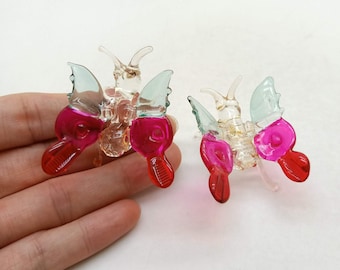 2 Butterfly Figurine Hand Blown Glass Miniature, Gift for Animal Collectors