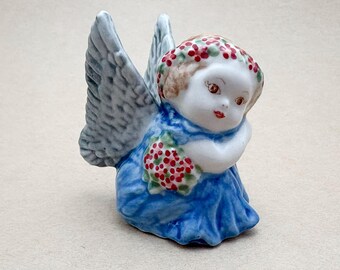 Ceramic Angel Cherub Figurine, Hand Painted with Floral Bouquet