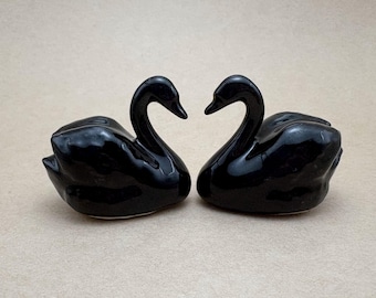 Pure Black Swan Ceramic Figurine, Set of 2, Bird Sculpture