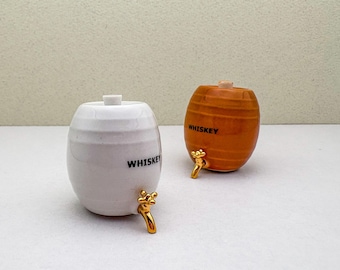 Handmade Ceramic Whiskey Barrel Miniature with Golden Spout