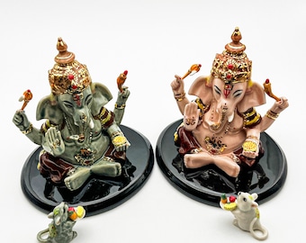 Hand-Painted Ganesha Figurine: Ceramic Elephant Deity with Rat Vahana