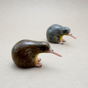 May include: Two ceramic kiwi bird figurines. One is brown with a pink beak and yellow accents, the other is gray with a pink beak and yellow accents. Both are in a crouching position.