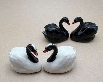 Mini Hand Painted Ceramic Swan Pair Figurine Set – Black or White with Black Neck