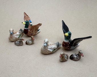Mallard Duck Family Ceramic Figurine Set, Hand Painted Glazed Miniature, Dollhouse Decor, Wildlife Collectible