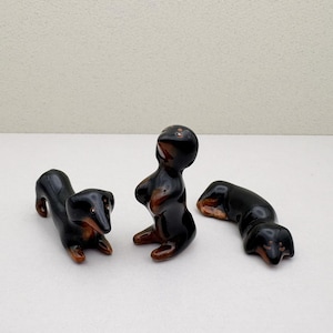 Unique Miniature Black Dachshund Figurines - Handmade Ceramic Trio for Home Decor, Desk Displays, and Gifts for Animal Lovers