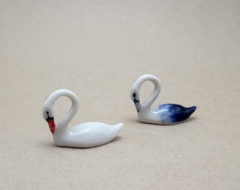 Hand Painted Ceramic Swan Miniature Figurine, Dollhouse Bird (White, Blue Mist)
