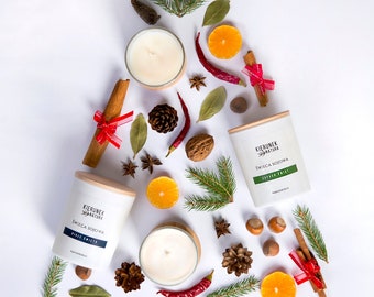 Fragrância de Natal em uma vela de soja, aroma de especiarias e abeto em uma vela de soja, atmosfera de Natal em casa, aroma de gengibre, presente de luxo