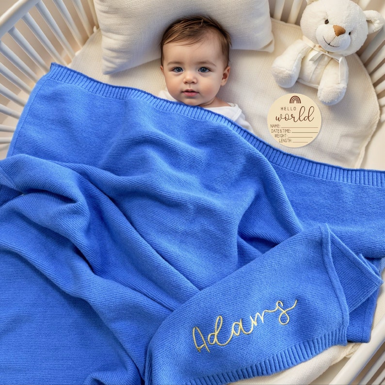 Baby Blanket, Personalized Name, Stroller Blanket, Newborn Gift, Baby Gift, Newborn Baby Gift, Baby Shower Gift, Soft Breathable Cotton Knit image 10