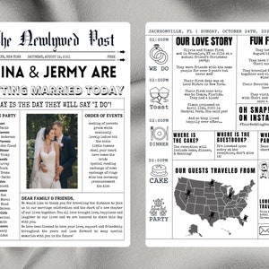 May include: A newspaper-style wedding announcement for Alina and Jermy. The announcement features a photo of the couple, a wedding party list, and a timeline of events. The announcement also includes a map showing where guests traveled from to attend the wedding.