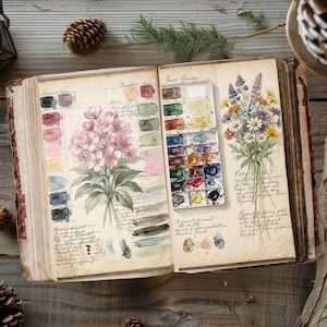 Vintage botanical watercolor swatch book printable art journal spread