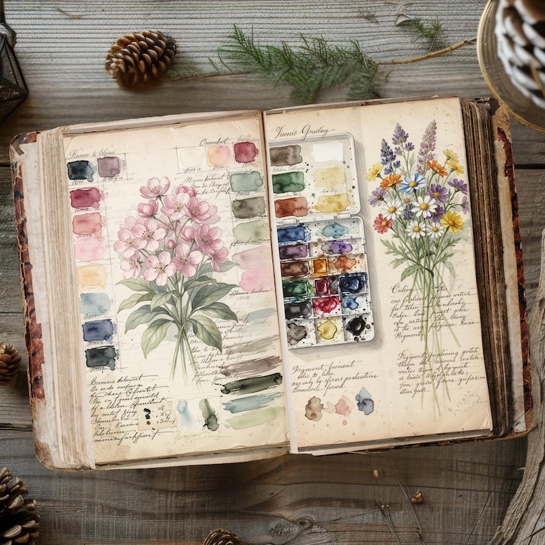 Vintage botanical watercolor swatch book printable art journal spread