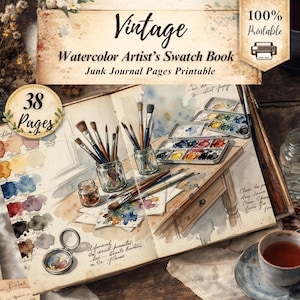 Printable watercolor artist swatch book bundle with 38 vintage junk journal pages for art journaling and creative crafts