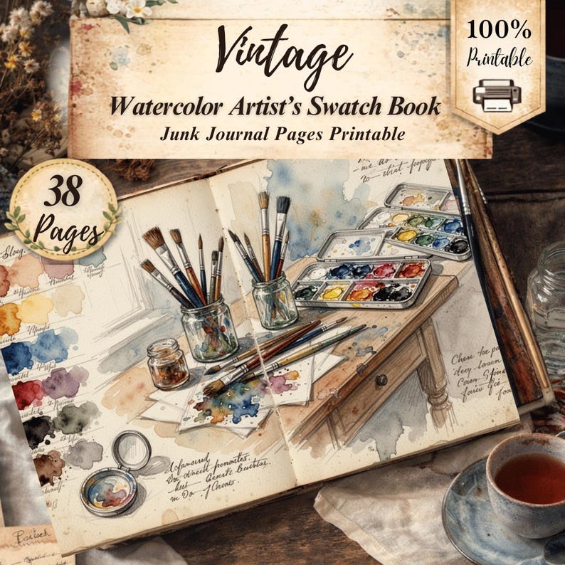 Printable watercolor artist swatch book bundle with 38 vintage junk journal pages for art journaling and creative crafts