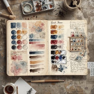 Printable watercolor journal spread with paint swatches, art supplies, vintage notes and mixed media collage design