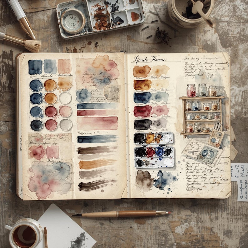 Printable watercolor journal spread with paint swatches, art supplies, vintage notes and mixed media collage design