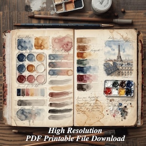 High resolution printable watercolor journal pages with paint swatches, artist palette and antique sketchbook illustrations