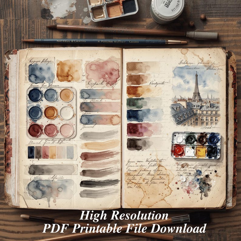 High resolution printable watercolor journal pages with paint swatches, artist palette and antique sketchbook illustrations