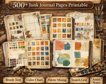 Zestaw stron do dziennika „Vintage Junk Journal”: 560 szkicowników akwarelowych (do druku w formacie PDF)