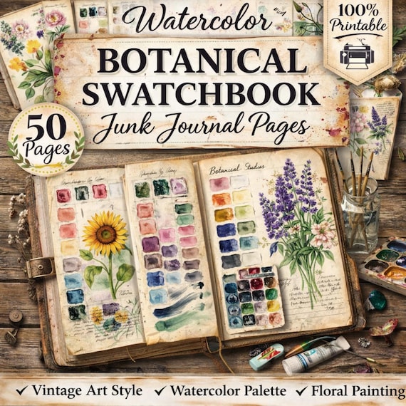 Botanical Art Watercolor Swatch book Junk Journal Pages : Vintage Journal Printable (PDF Download)