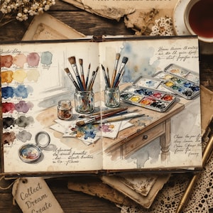 Vintage artist journal printable featuring watercolor palettes, paintbrushes and a creative studio workspace on aged paper