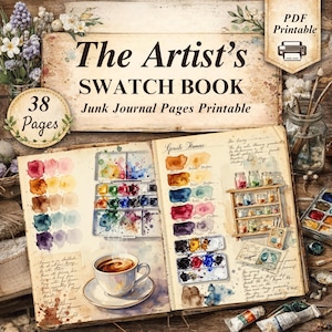 Artist's swatch book junk journal pages printable featuring vintage art watercolor palette and landscape painting