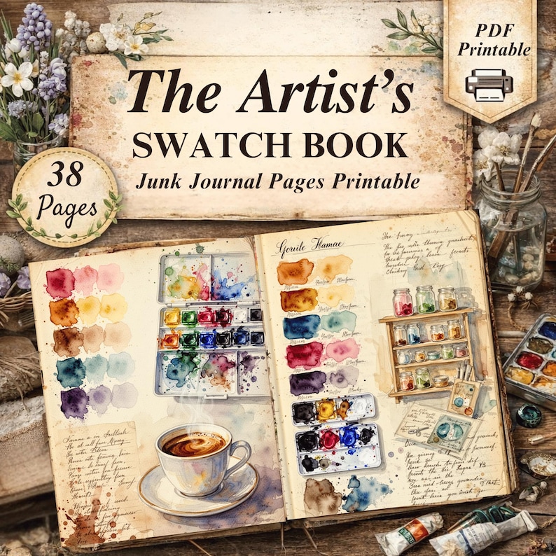 Artist's swatch book junk journal pages printable featuring vintage art watercolor palette and landscape painting