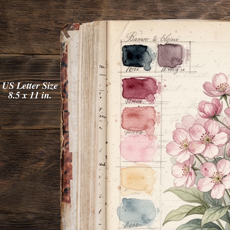 Watercolor palette botanical printable journal page with vintage art style