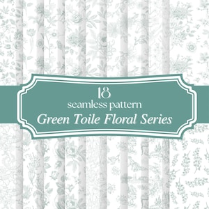 Light Green Vintage Floral Seamless Delicate Floral Toile Line Art Pattern PNG, Green Toile Victorian Digital Paper, Preppy Backgrounds,
