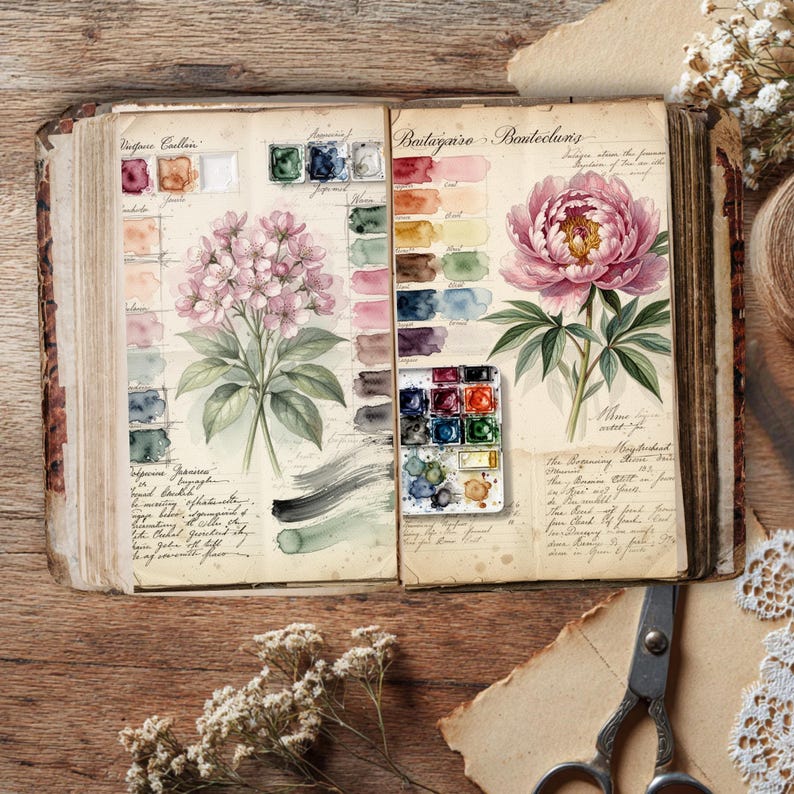 Printable watercolor palette botanical art journal page layout