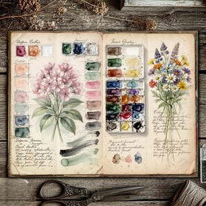 Vintage botanical art journal printable watercolor swatch page