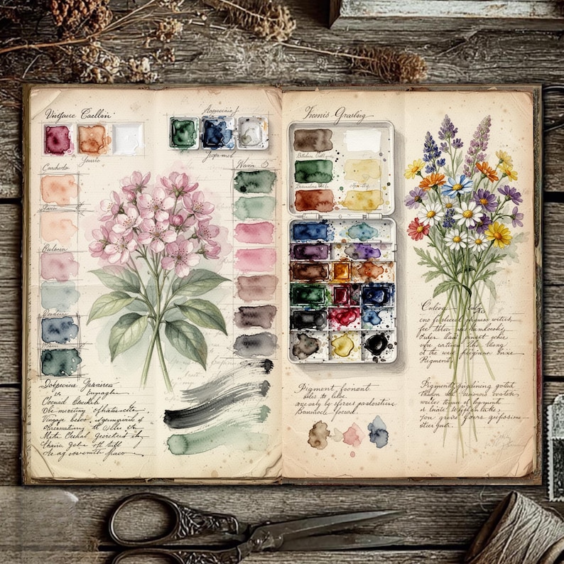 Vintage botanical art journal printable watercolor swatch page