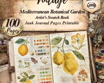 Strony dziennika śmieci z kolekcji Vintage Watercolor Swatchbook: Śródziemnomorski Ogród Botaniczny (Pobranie cyfrowe)
