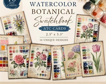 Karty ATC „Kwiaty ogrodowe”: Książka z próbkami akwareli w stylu vintage, wydruk botaniczny