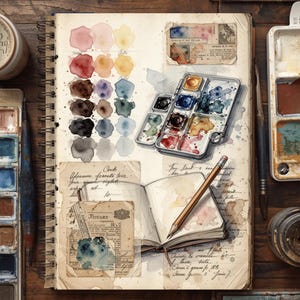 Printable art journal page featuring watercolor palettes, paint tubes, brushes, vintage labels and mixed media collage details