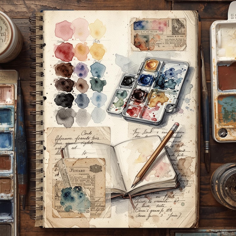 Printable art journal page featuring watercolor palettes, paint tubes, brushes, vintage labels and mixed media collage details