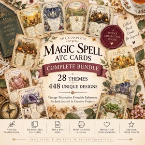 以下が含まれることがあります： 28のテーマと448のユニークなデザインを特徴とするマジックスペルATCカードのコレクション。このバンドルには、ジャンクジャーナルやクリエイティブなプロジェクト向けのヴィンテージ水彩画風の印刷可能なエフェメラが含まれており、Summer Sun、Winter Solstice、Citrine Prosperityなどのテーマを示す様々なイラストカードが提示されています。