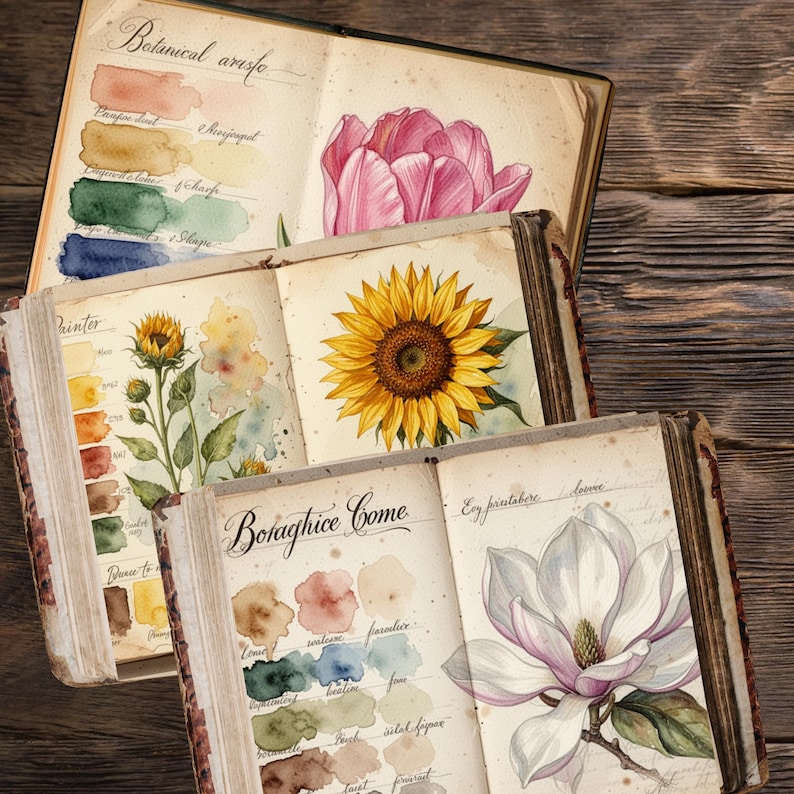 Vintage botanical watercolor palette printable art journal layout