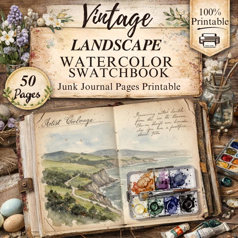 Watercolor Landscape Art Junk Journal Pages : Printable Vintage Paper ...