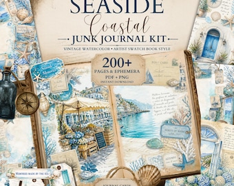 Zestawy do tworzenia dzienników Vintage Watercolor Coastal Seaside Junk Journal: Strony do druku, papiery cyfrowe, papiery do scrapbookingu, efemerydy