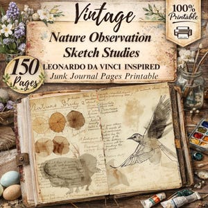 May include: Vintage nature observation sketch studies junk journal pages printable. The open book features sketches of nature studies and a bird illustration. The cover reads "Vintage Nature Observation Sketch Studies" and "150 Pages".