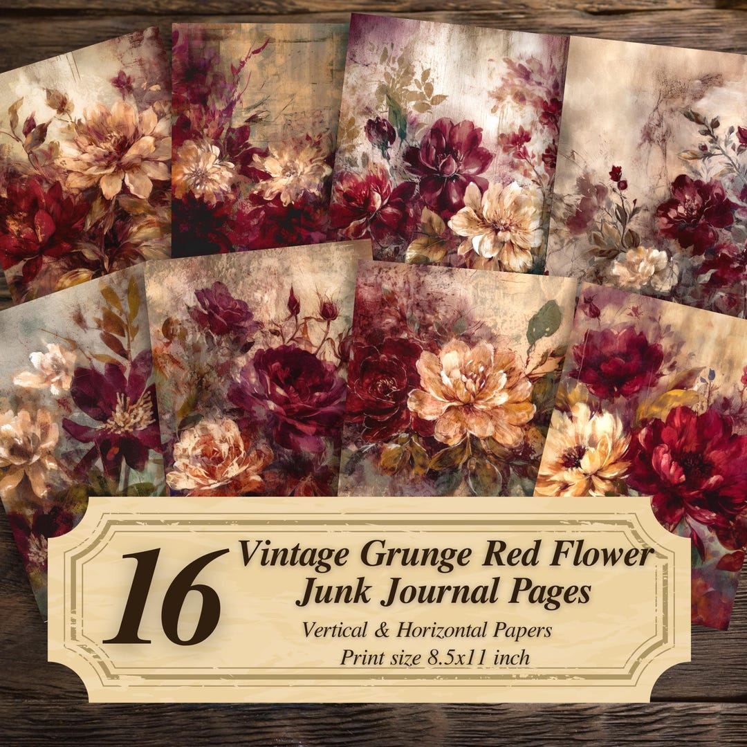 Red Flower Grunge Junk Journal Pages Printable : Vintage Floral PDF ...