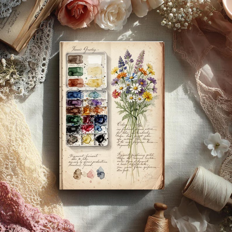 Botanical watercolor palette printable vintage art journal page