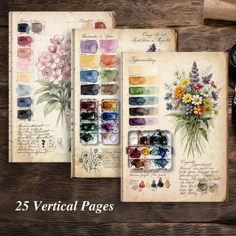Printable botanical watercolor palette journal pages inspired by artist swatch book